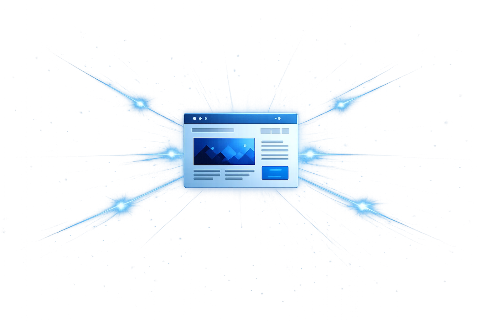 Illustration einer Website im Zentrum eines digitalen Netzwerks mit Symbolen für Suchmaschinen, KI und typische Probleme der Online-Sichtbarkeit.