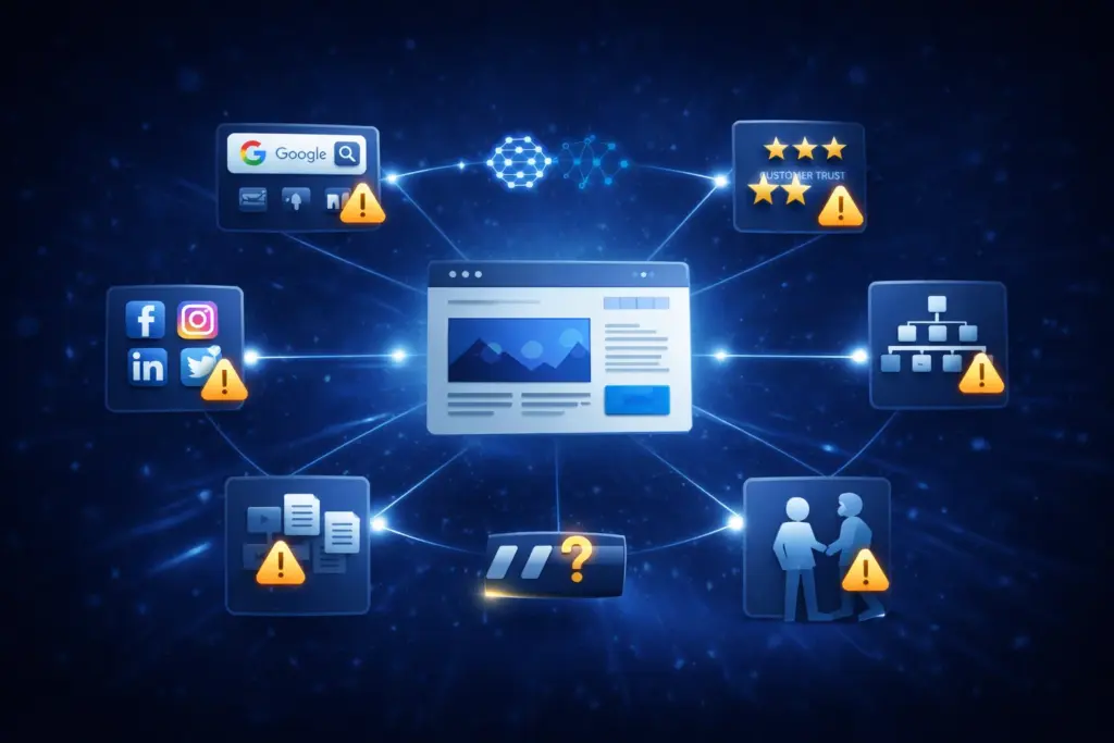 Illustration einer Website im Zentrum eines digitalen Netzwerks mit Symbolen für Suchmaschinen, KI und typische Probleme der Online-Sichtbarkeit.